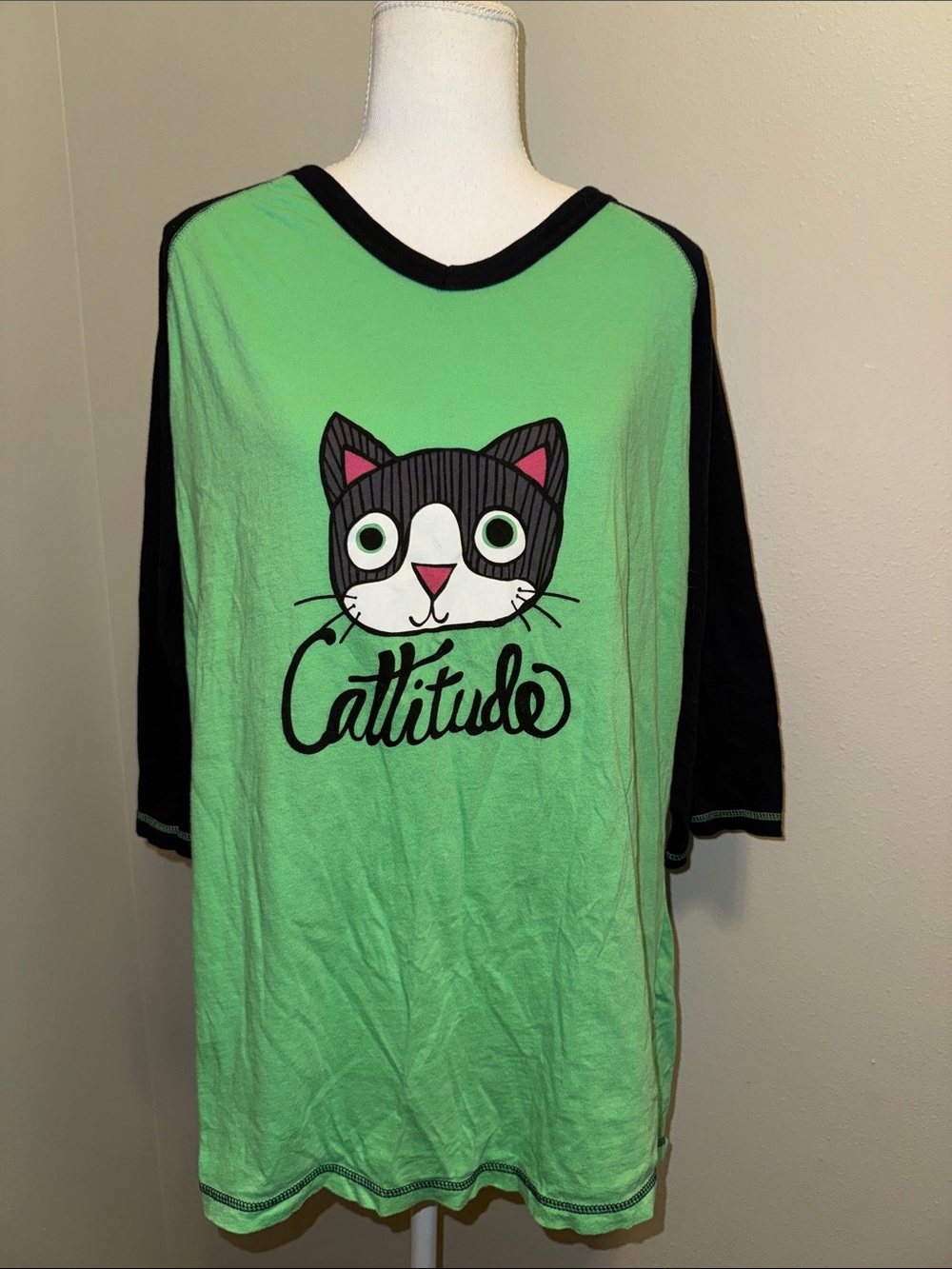 Women’s Lazy One Green and Black "Cattitude" Cat Sleep Shirt - Large